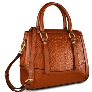 Brown Leather Snakeskin Embossed Satchel Handbag Crossbody Bag Gold Hardware